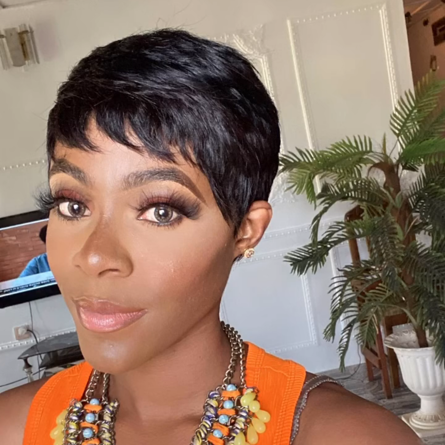 Natural Black Glueless Short Pixie Cut 100% Human Hair Wig With Bangs