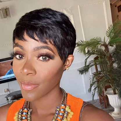 Natural Black Glueless Short Pixie Cut 100% Human Hair Wig With Bangs
