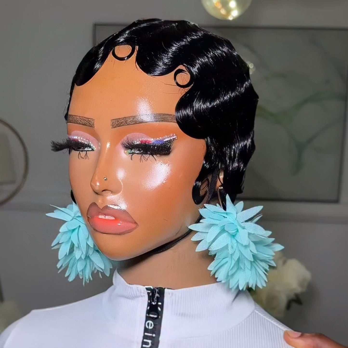 Full Lace Short Black Finger Wave Pixie Wig 100% Human Hair