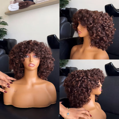 Put On & Go Deep Chocolate Brown Voluminous Curly Bob Wig With Bangs