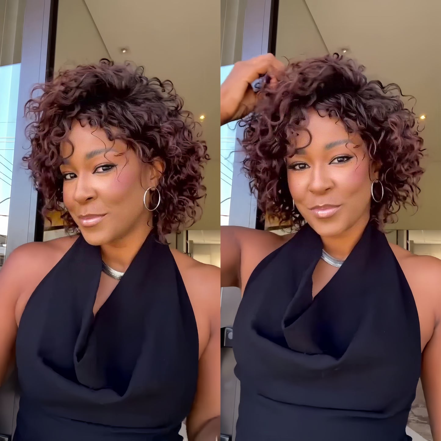 Put On & Go Red Brown/Black Fluffy Curly Bob Wig