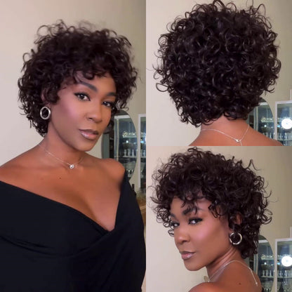 Put On & Go Short Curly Pixie Bob Wig 100% Human Hair