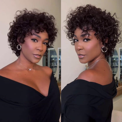 Put On & Go Short Curly Pixie Bob Wig 100% Human Hair