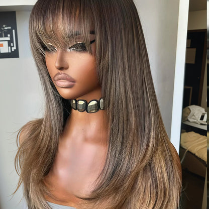 5×5 HD Lace Closure Blonde Highlight Layered Straight Long Wig with Bangs