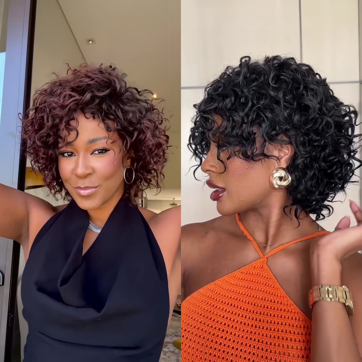 Put On & Go Red Brown/Black Fluffy Curly Bob Wig