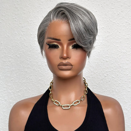 Salt And Pepper Side Part Pixie Cuts 13x4 Frontal Lace Wig