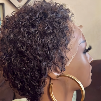 Natural Black Short Pixie Curly 13×4 Lace Frontal Wig 100% Human Hair
