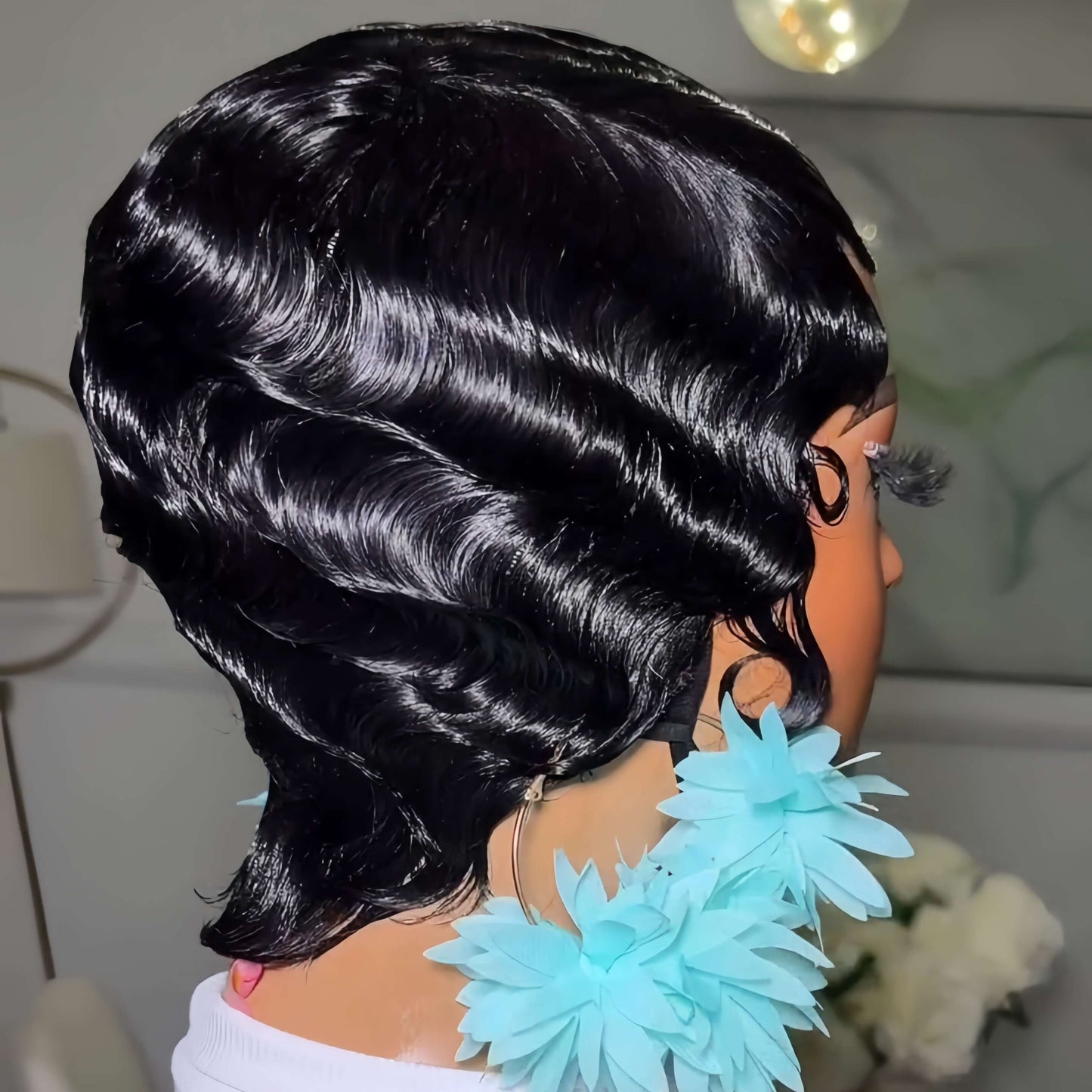 Full Lace Short Black Finger Wave Pixie Wig 100% Human Hair