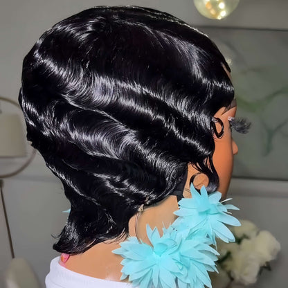Full Lace Short Black Finger Wave Pixie Wig 100% Human Hair