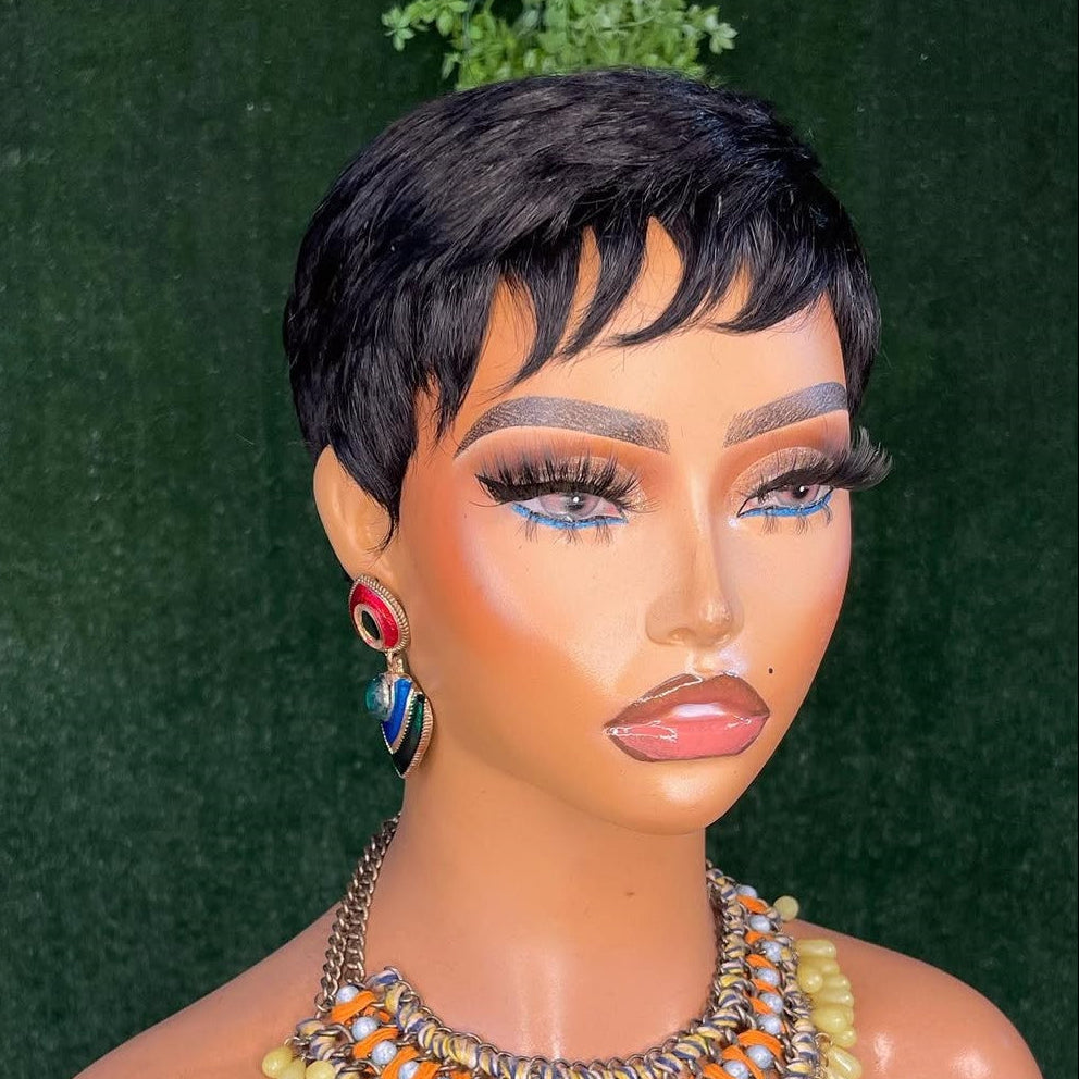 Natural Black Glueless Short Pixie Cut 100% Human Hair Wig With Bangs