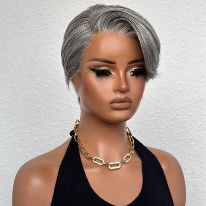 Salt And Pepper Side Part Pixie Cuts 13x4 Frontal Lace Wig