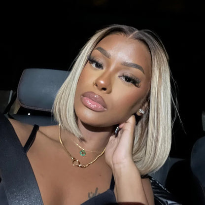 Chic Ash Blonde Highlight 7×5 HD Lace Closure Bob Wig 100% Human Hair