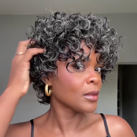 Salt & Pepper Voluminous Short Cut Curly Bob Wig 100% Human Hair