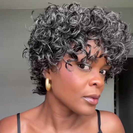 Salt & Pepper Voluminous Short Cut Curly Bob Wig 100% Human Hair