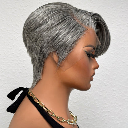Salt And Pepper Side Part Pixie Cuts 13x4 Frontal Lace Wig