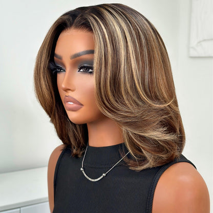 Blonde Highlight Short Layered Bob Adjustable Velcro Wig