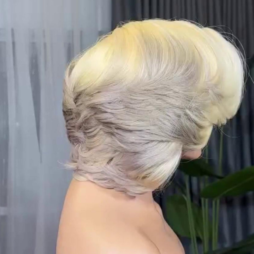 Platinum Blonde Gray Highlights Layered Bob 13×4 Lace Frontal Wig