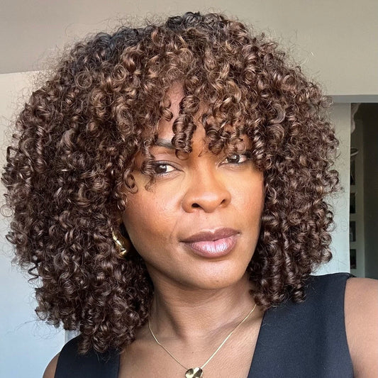 Blonde Brown Highlights Voluminous Short Curly Bob Glueless Wig