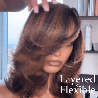 Brown With Blonde Highlight Layered Cut 13x4 Frontal Lace Wig