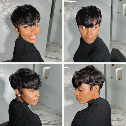 Put on & Go Layered Short Pixie Cut Human Hair Wig With Bang