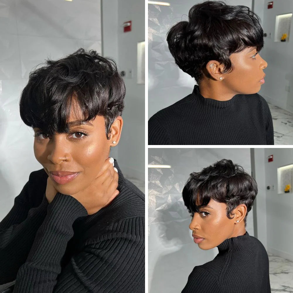 Put on & Go Layered Short Pixie Cut Human Hair Wig With Bang