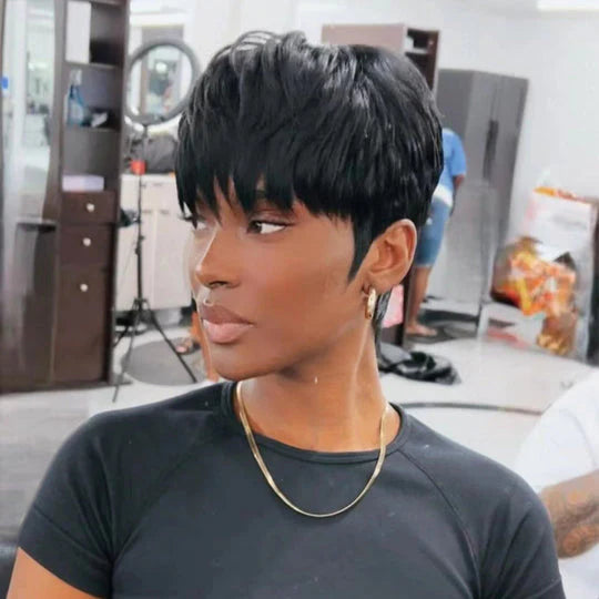 Put on & Go Layered Short Pixie Cut Human Hair Wig With Bang
