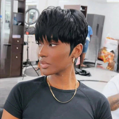 Put on & Go Layered Short Pixie Cut Human Hair Wig With Bang