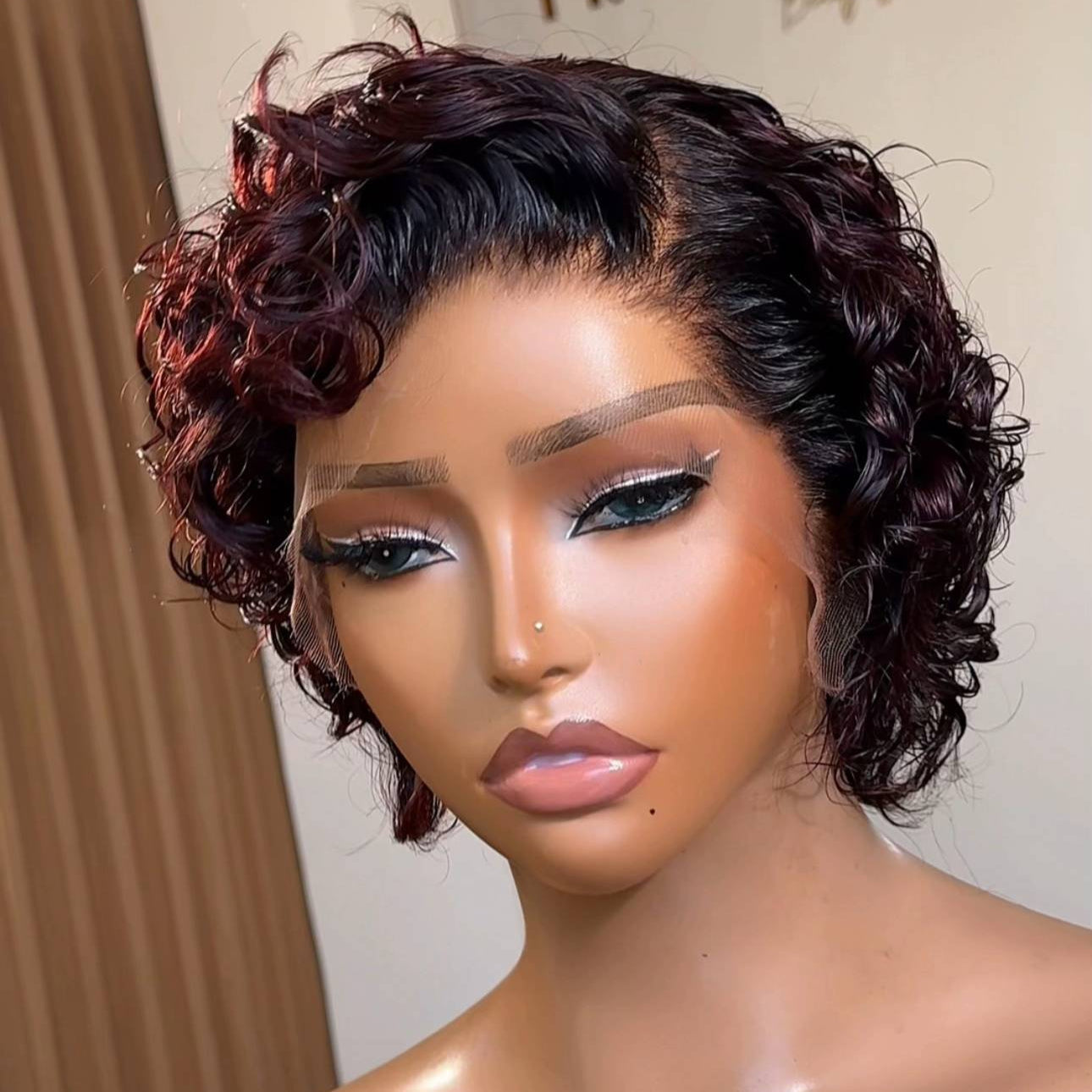 Natural Hairline Cruly Burgundy Pixie 13×4 Lace Frontal Glueless Wig