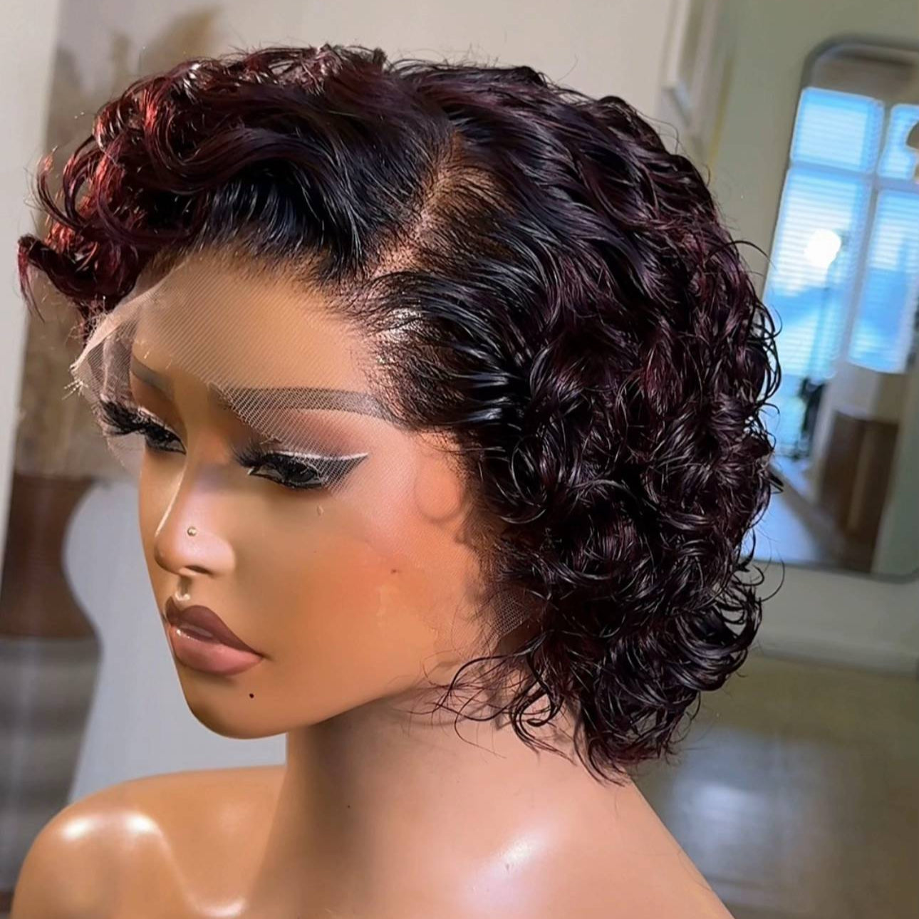 Natural Hairline Cruly Burgundy Pixie 13×4 Lace Frontal Glueless Wig