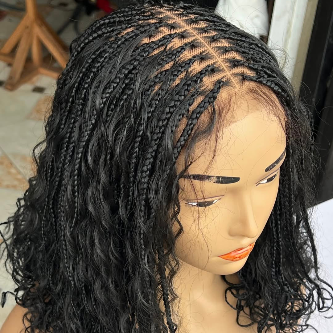Full Lace Knotless Boho Curls Braided Invisi Drawstring Synthetic Bob Wig