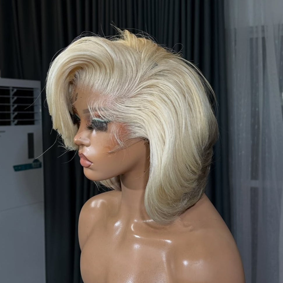 Platinum Blonde Gray Highlights Layered Bob 13×4 Lace Frontal Wig