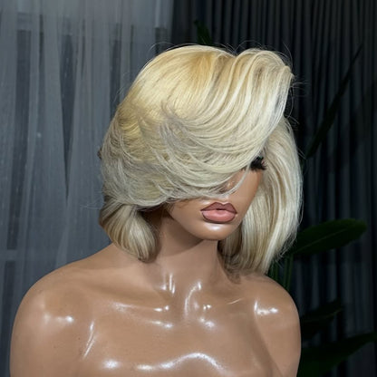 Platinum Blonde Gray Highlights Layered Bob 13×4 Lace Frontal Wig