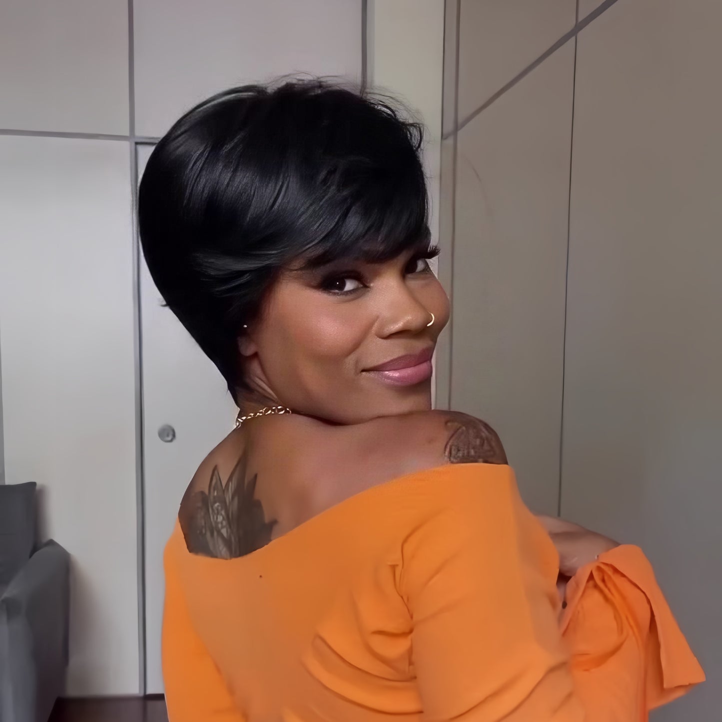 No Lace Put On & Go Natural Black Short Pixie Glueless Wig With Bangs