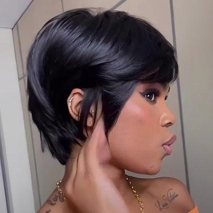 No Lace Put On & Go Natural Black Short Pixie Glueless Wig With Bangs