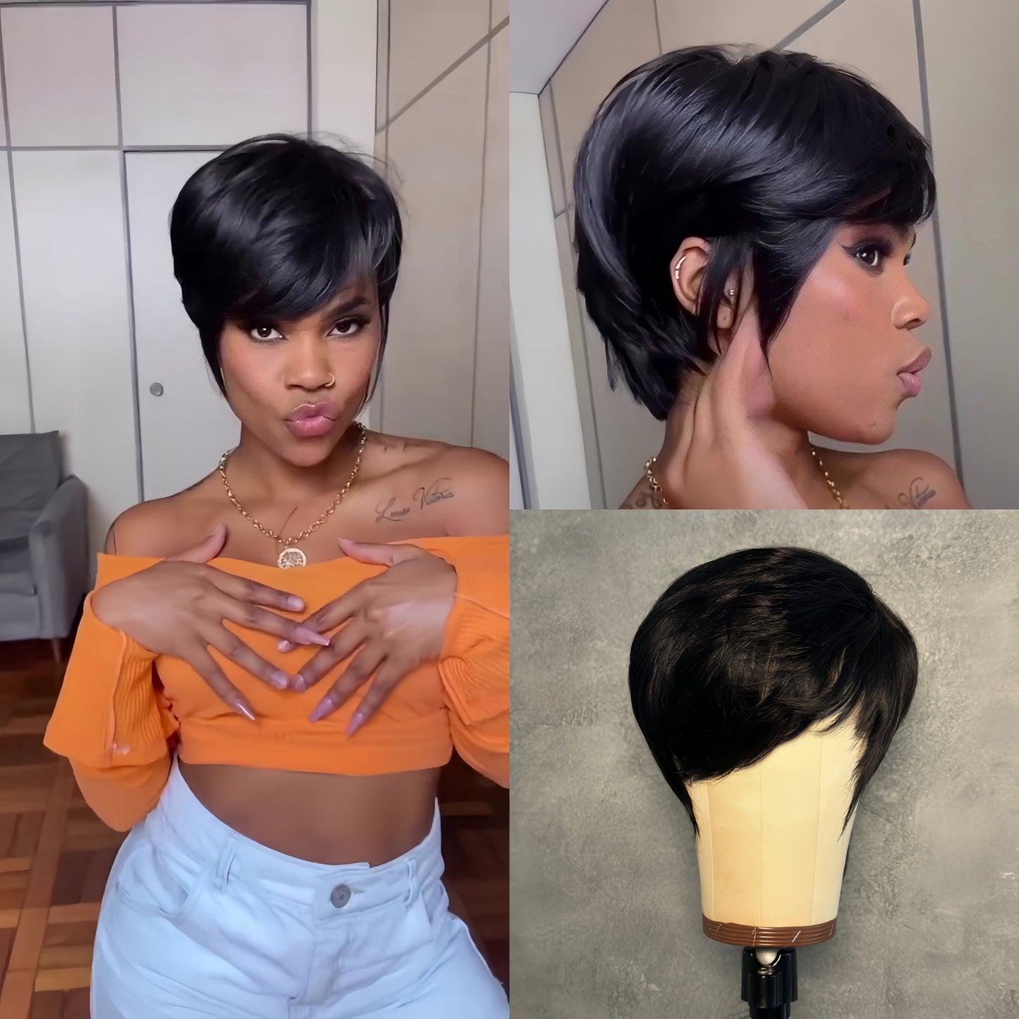 No Lace Put On & Go Natural Black Short Pixie Glueless Wig With Bangs