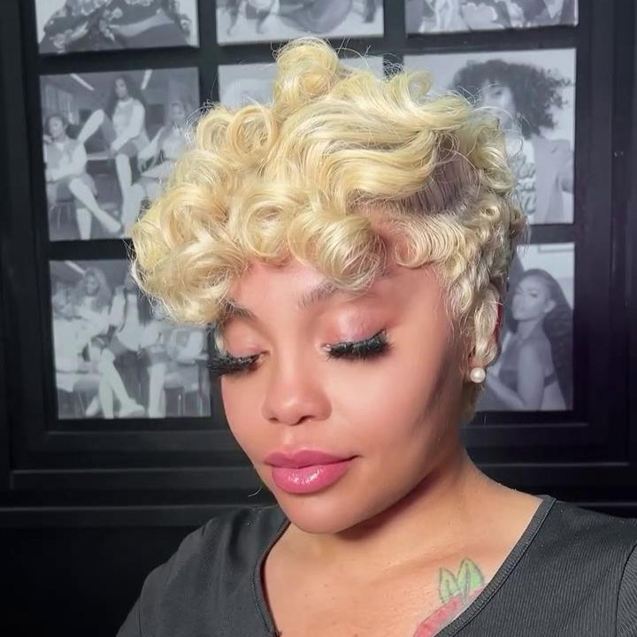 613 Short Pin Curly Finger Wave Glueless 13×4 Lace Frontal Wig