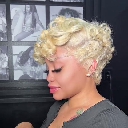 613 Short Pin Curly Finger Wave Glueless 13×4 Lace Frontal Wig