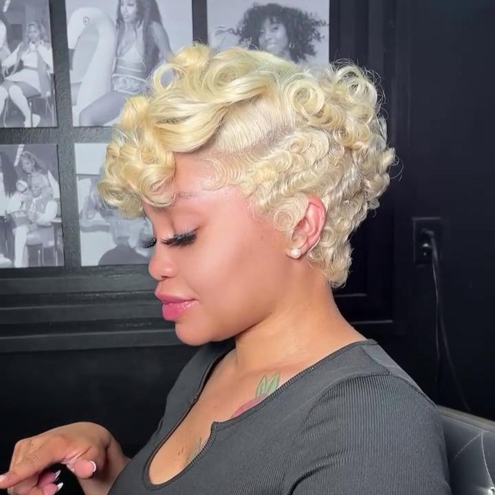 613 Short Pin Curly Finger Wave Glueless 13×4 Lace Frontal Wig