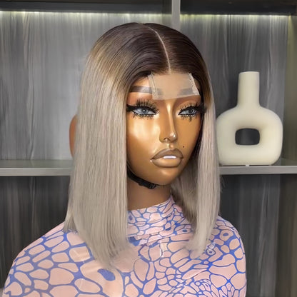 Dark Brown Roots Ombre Ash Blonde Straight Bob 5×5 Lace Closure Wig
