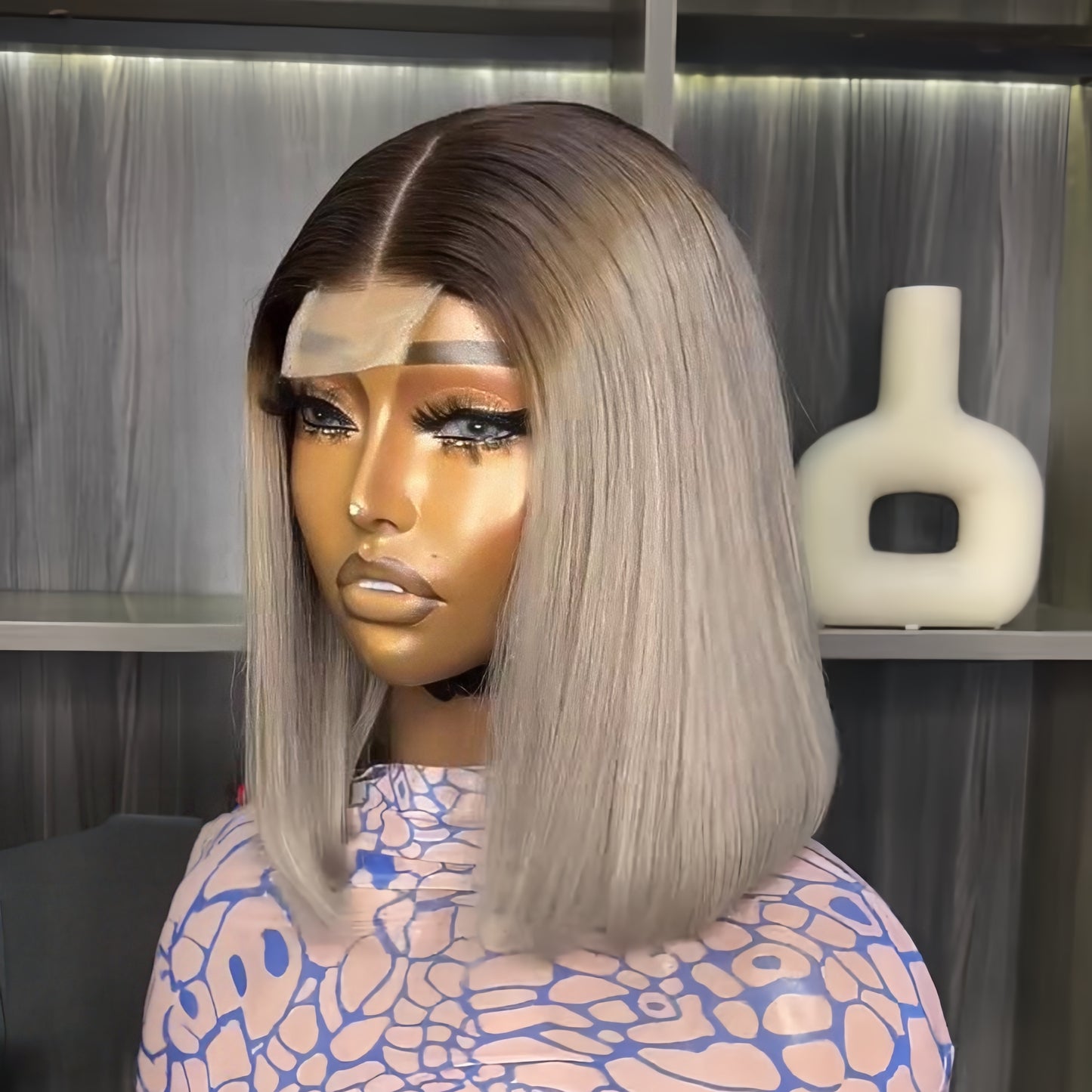Dark Brown Roots Ombre Ash Blonde Straight Bob 5×5 Lace Closure Wig