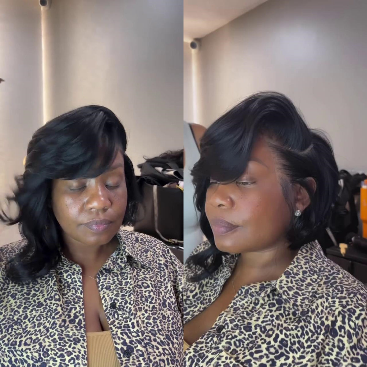 Realistic Black Layered Cut Bob 5×5 Lace Closure Wig With Side Long Bangs