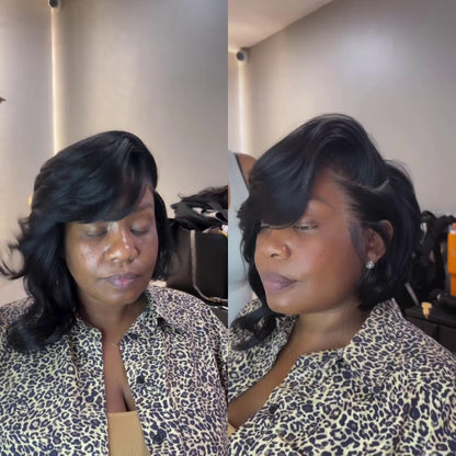 Realistic Black Layered Cut Bob 5×5 Lace Closure Wig With Side Long Bangs