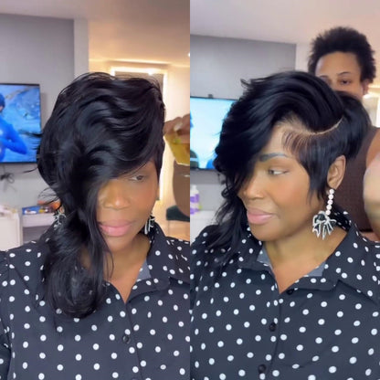 Realistic Black Layered Cut Bob 5×5 Lace Closure Wig With Side Long Bangs