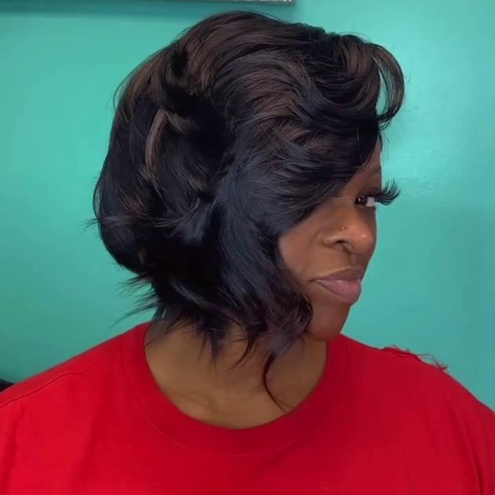 Realistic Black Layered Cut Bob 5×5 Lace Closure Wig With Side Long Bangs