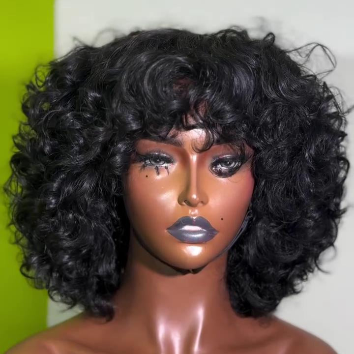 Put On & Go Voluminous Curly Glueless Bob Wig With Bangs