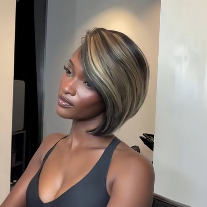 Side Part Brown Highlights Short Bob 13×4 Lace Wig