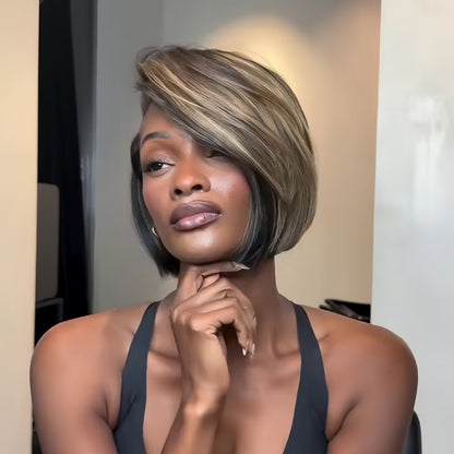 Side Part Brown Highlights Short Bob 13×4 Lace Wig
