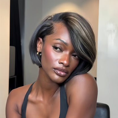 Side Part Brown Highlights Short Bob 13×4 Lace Wig