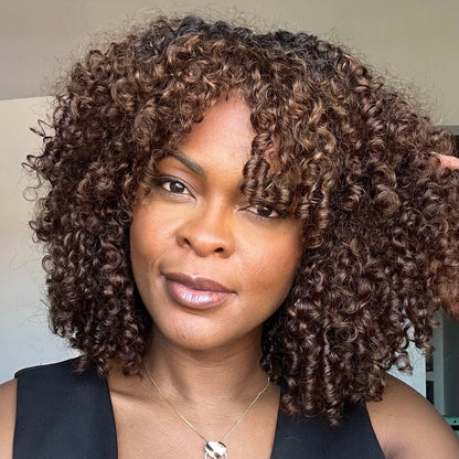 Blonde Brown Highlights Voluminous Short Curly Bob Glueless Wig
