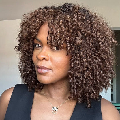 Blonde Brown Highlights Voluminous Short Curly Bob Glueless Wig